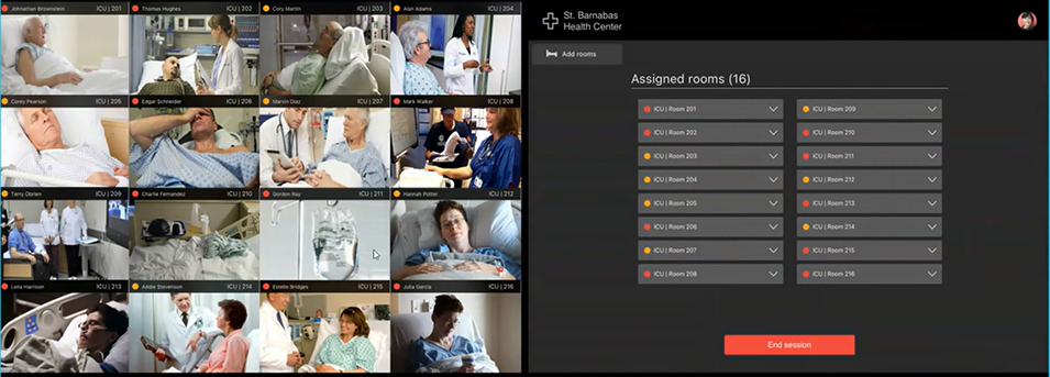 Virtual Sitter - Remote Patient Monitoring multi screen monitor with rooms identified