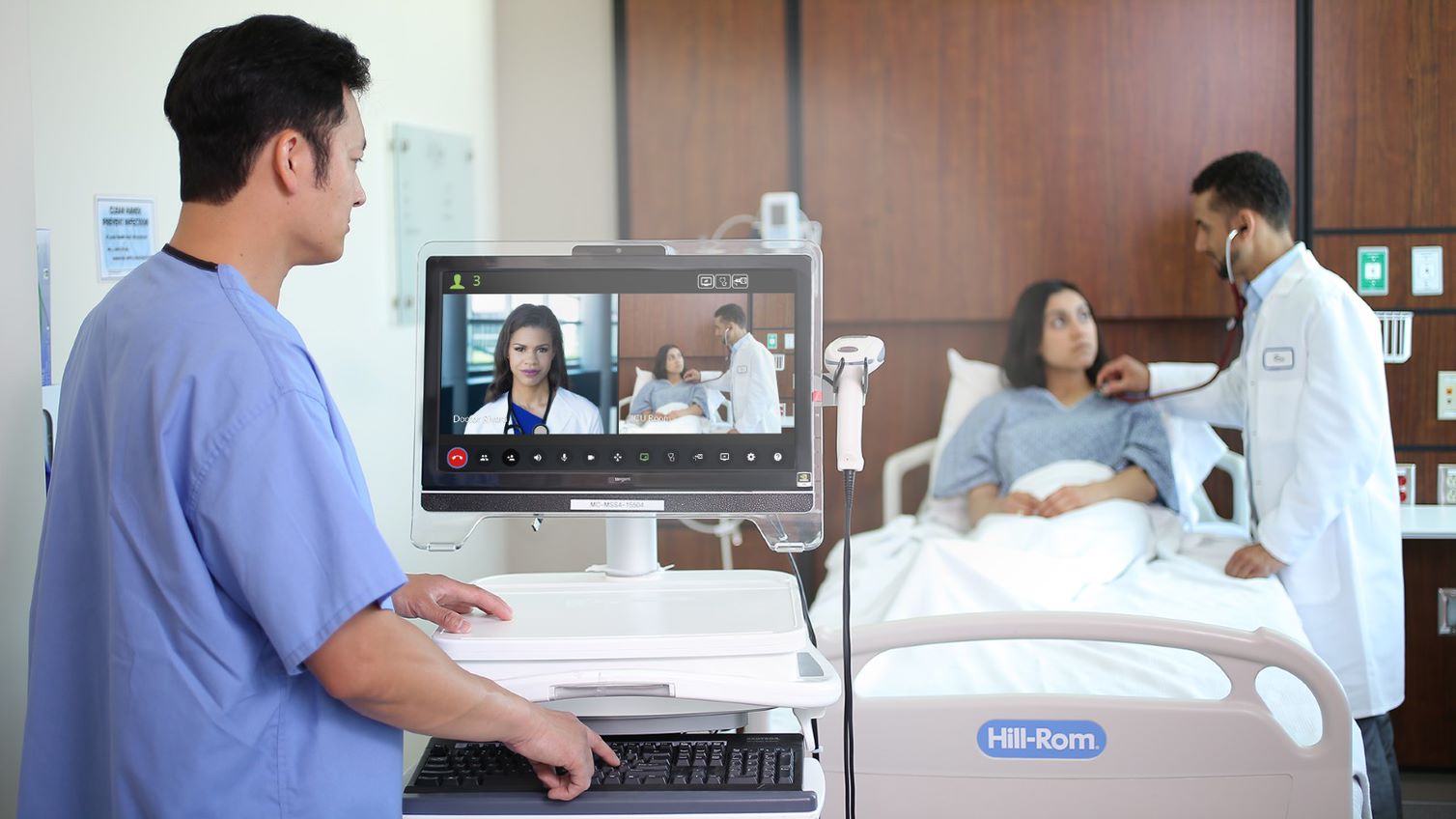 Patient receiving care from a virtual doctor via a medical cart